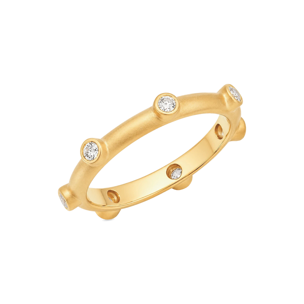 Thin Round Diamond Japa Prayer Ring in Yellow Gold angled view