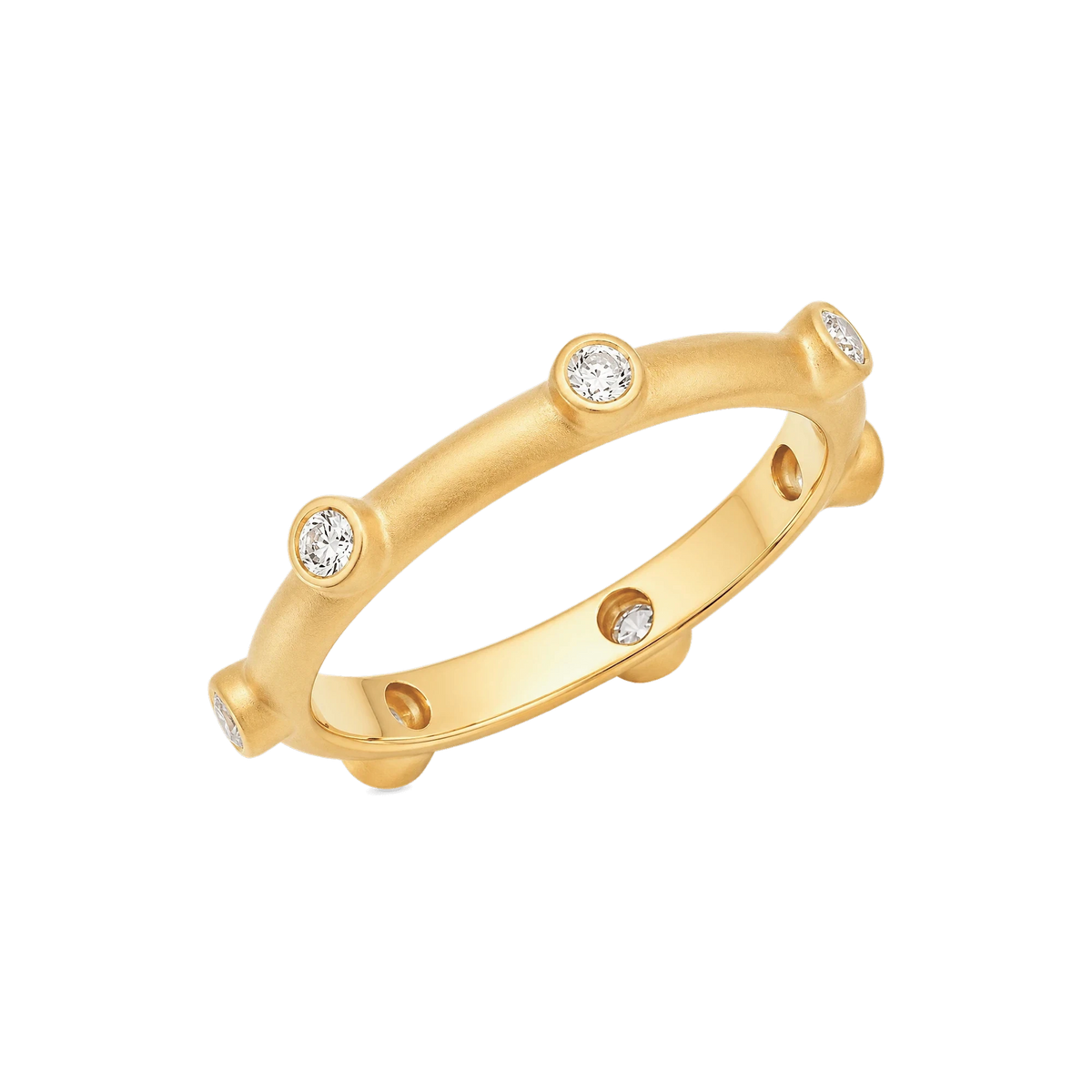 Thin Round Diamond Japa Prayer Ring in Yellow Gold angled view