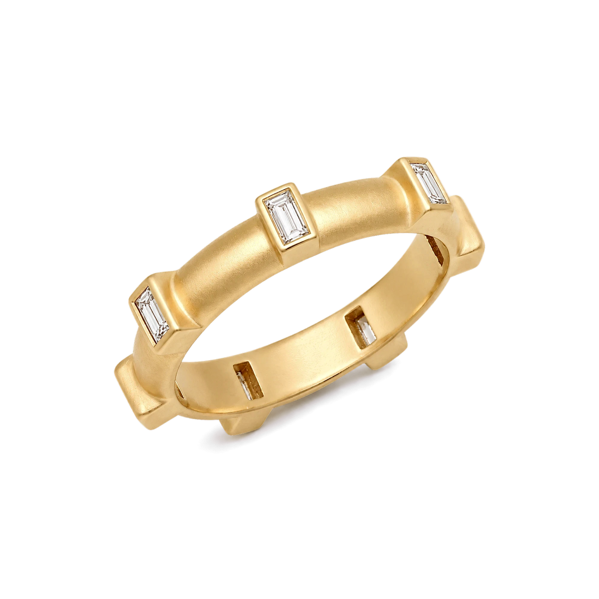 Baguette Diamond Japa Prayer Ring in Yellow Gold angled view