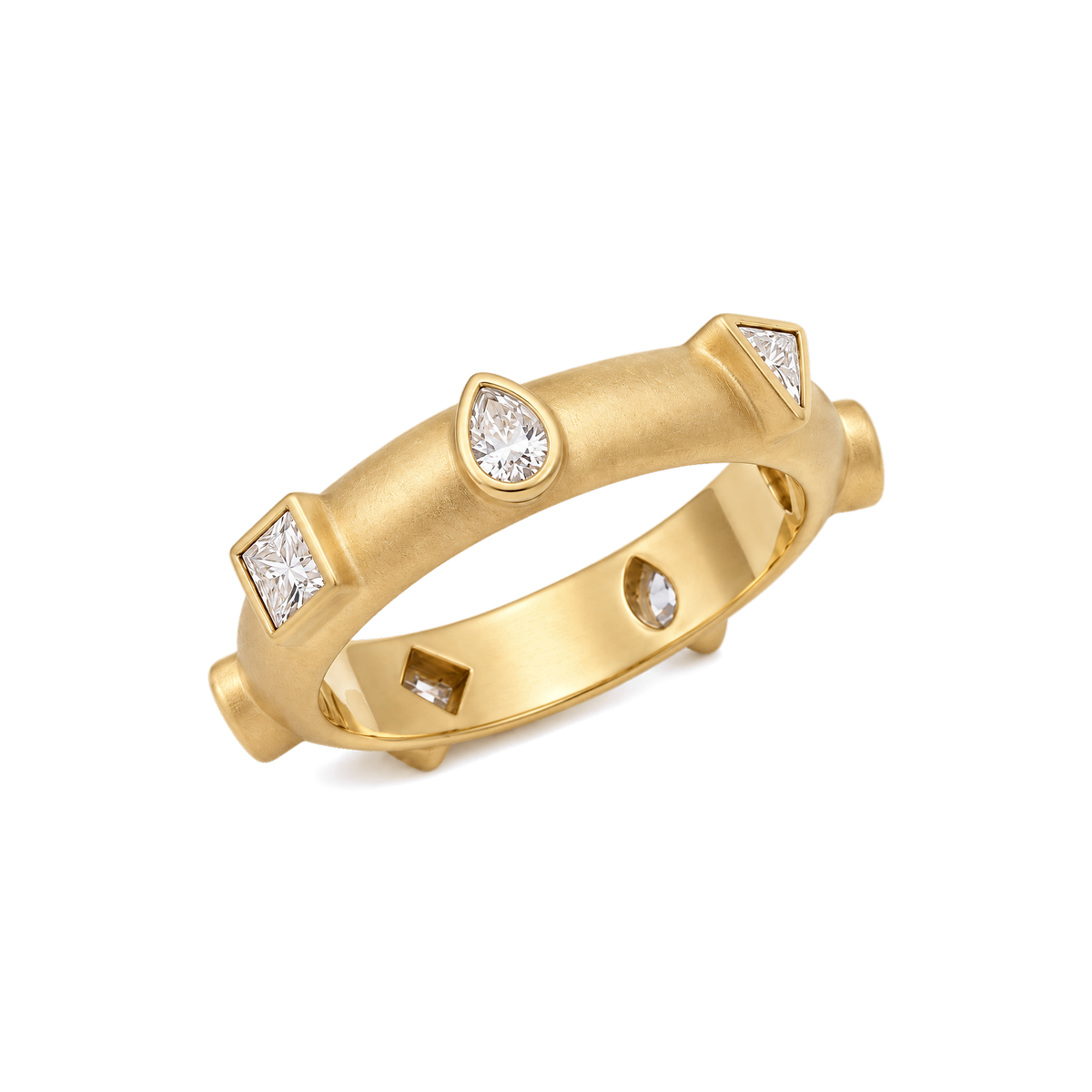 7 Centers Diamond Japa Prayer Ring in Yellow Gold angled view