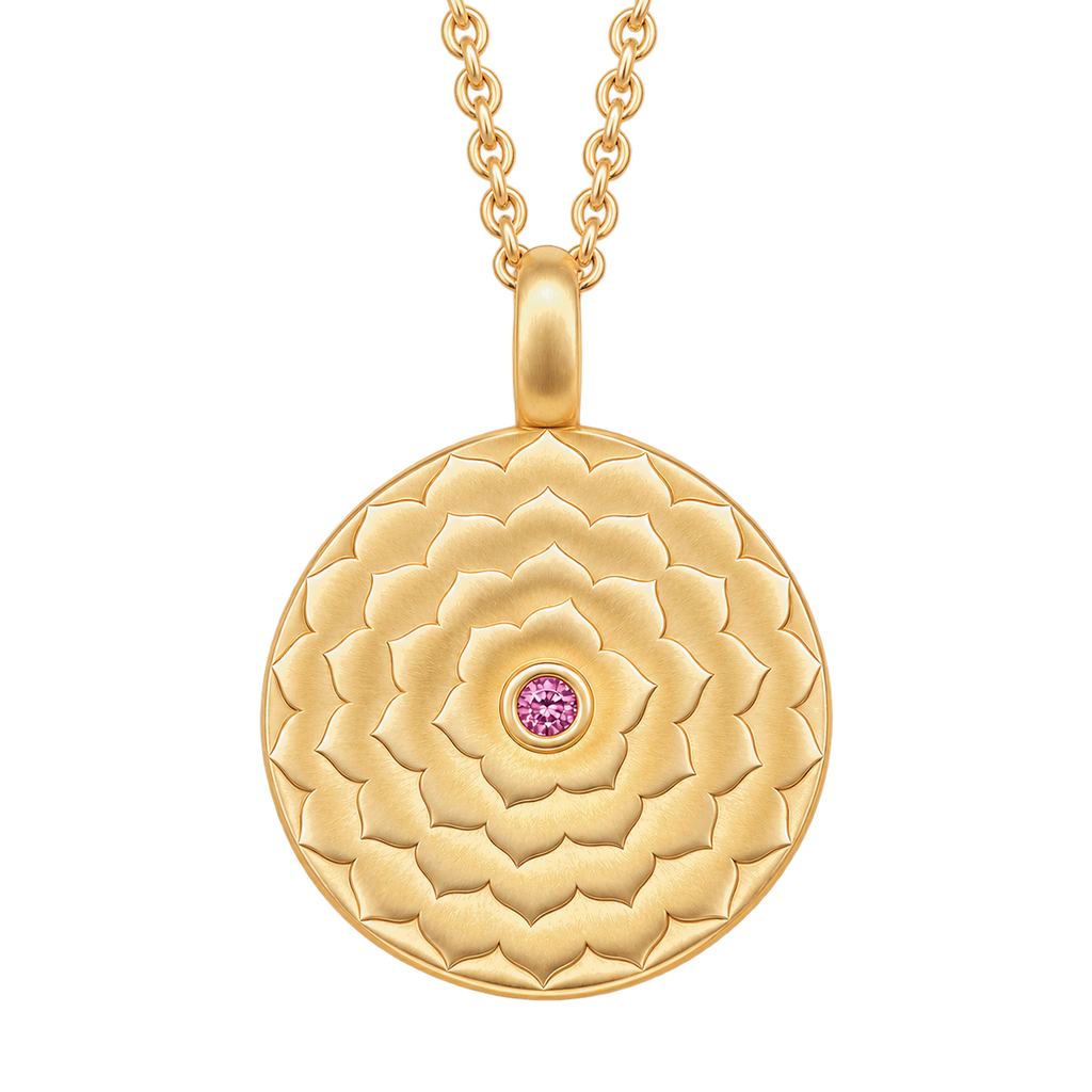 Crown Lotus Diamond Necklace with pink sapphire in Yellow Gold