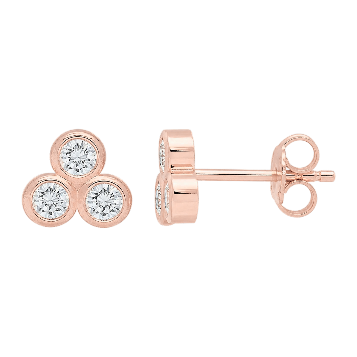 Round Diamond Trinity Stud in Rose Gold front and side view