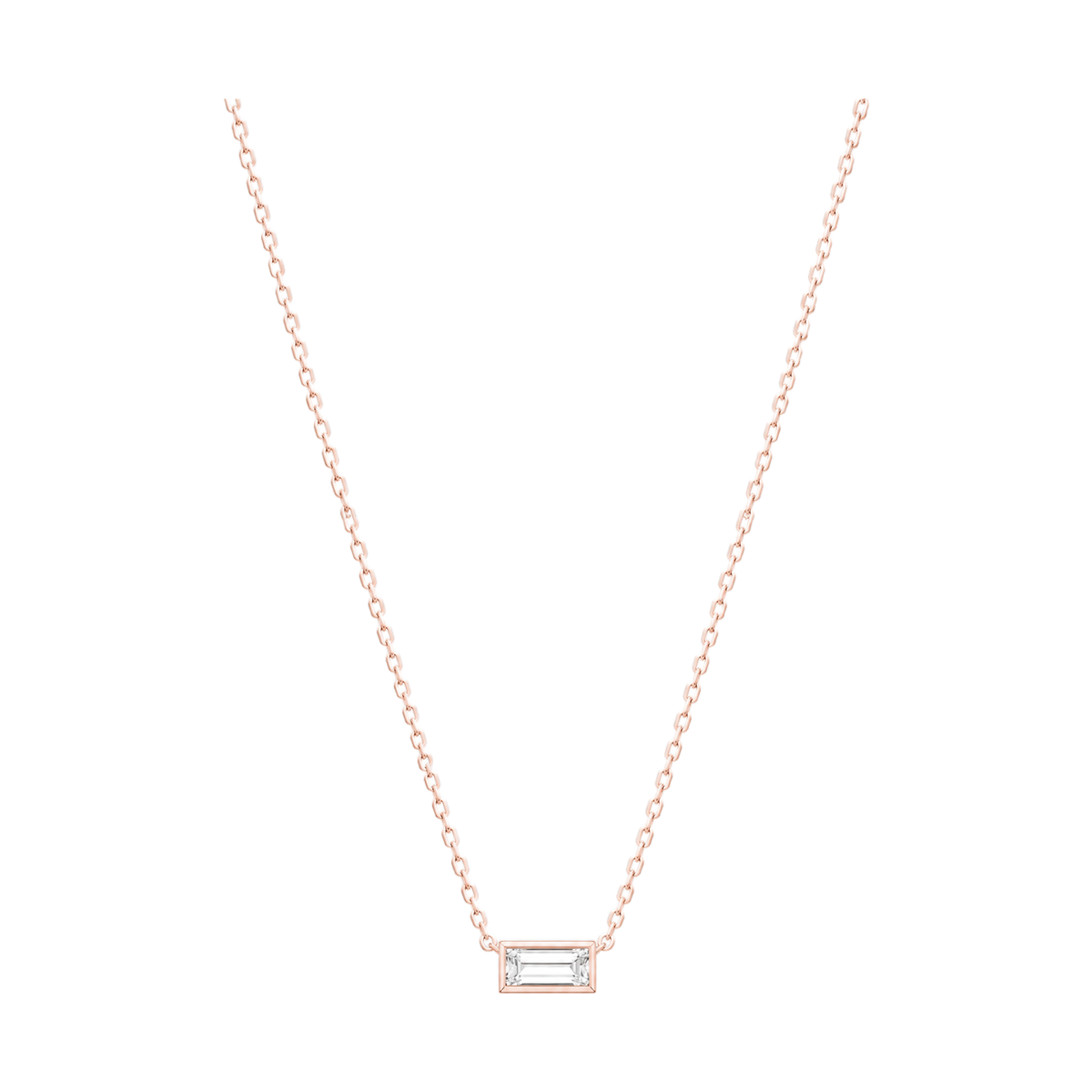 Baguette Diamond Solitaire Necklace in Rose Gold full length