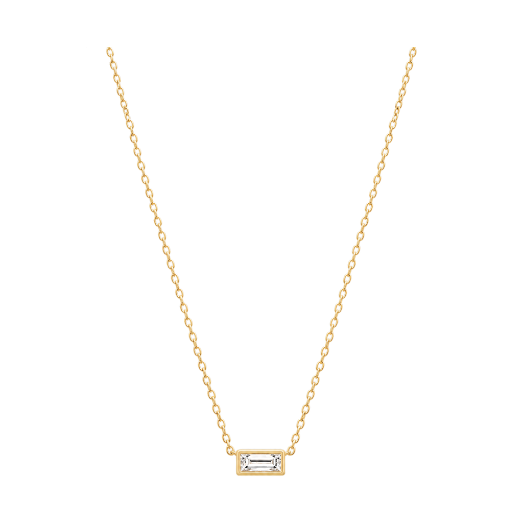 Baguette Diamond Solitaire Necklace in Yellow Gold full length