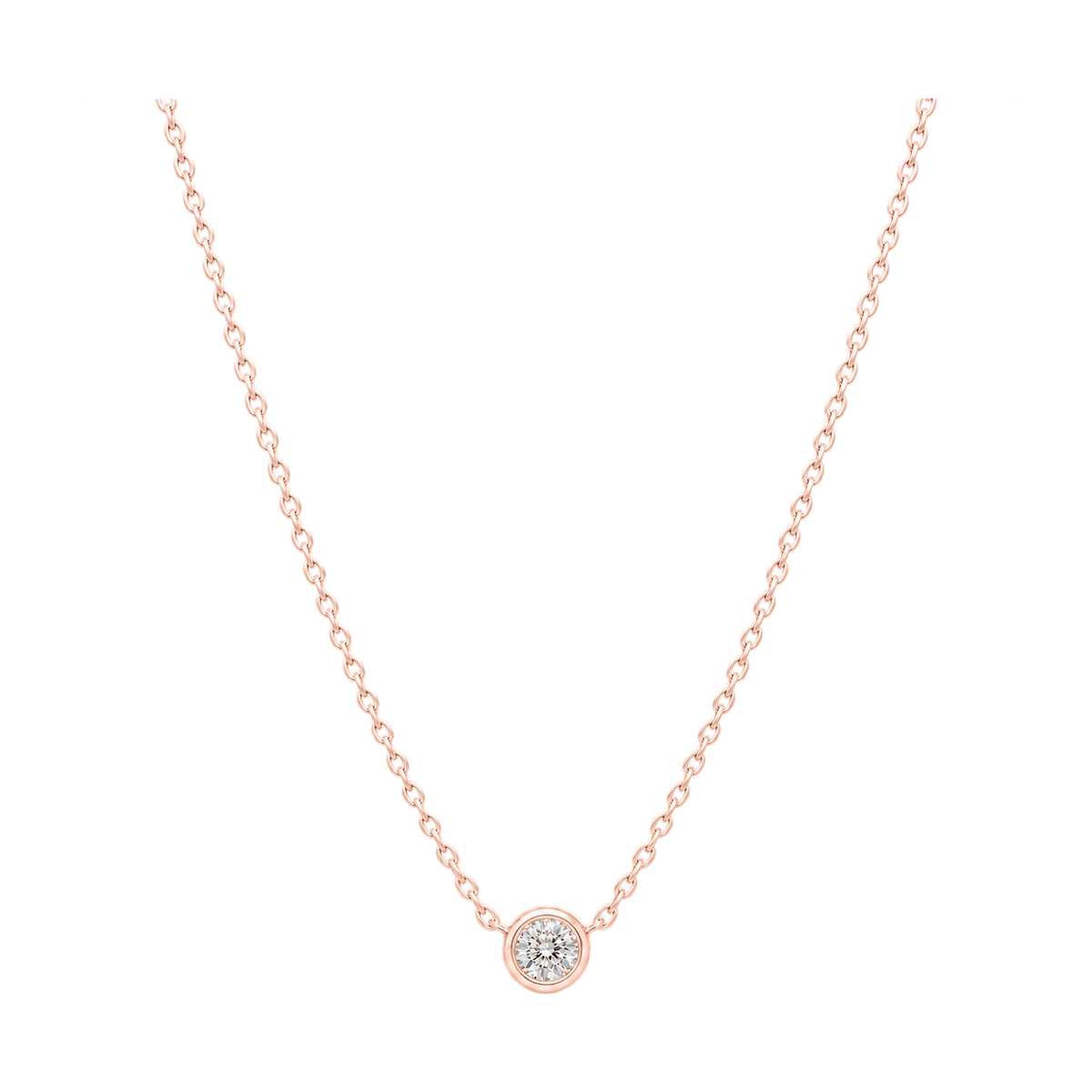 Round Diamond Solitaire Necklace in Rose Gold full length